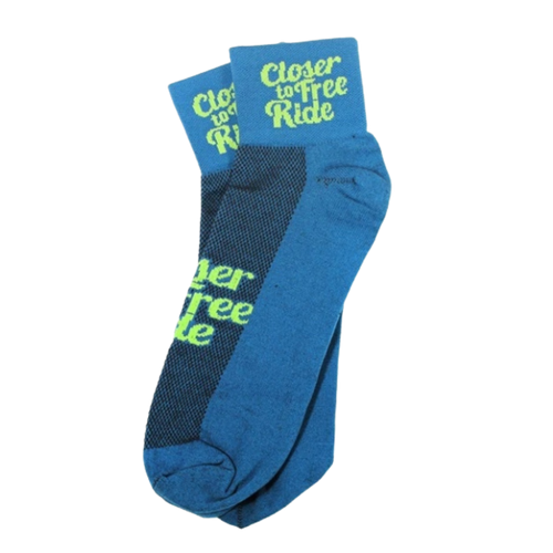 Blue socks with green text on a white background
