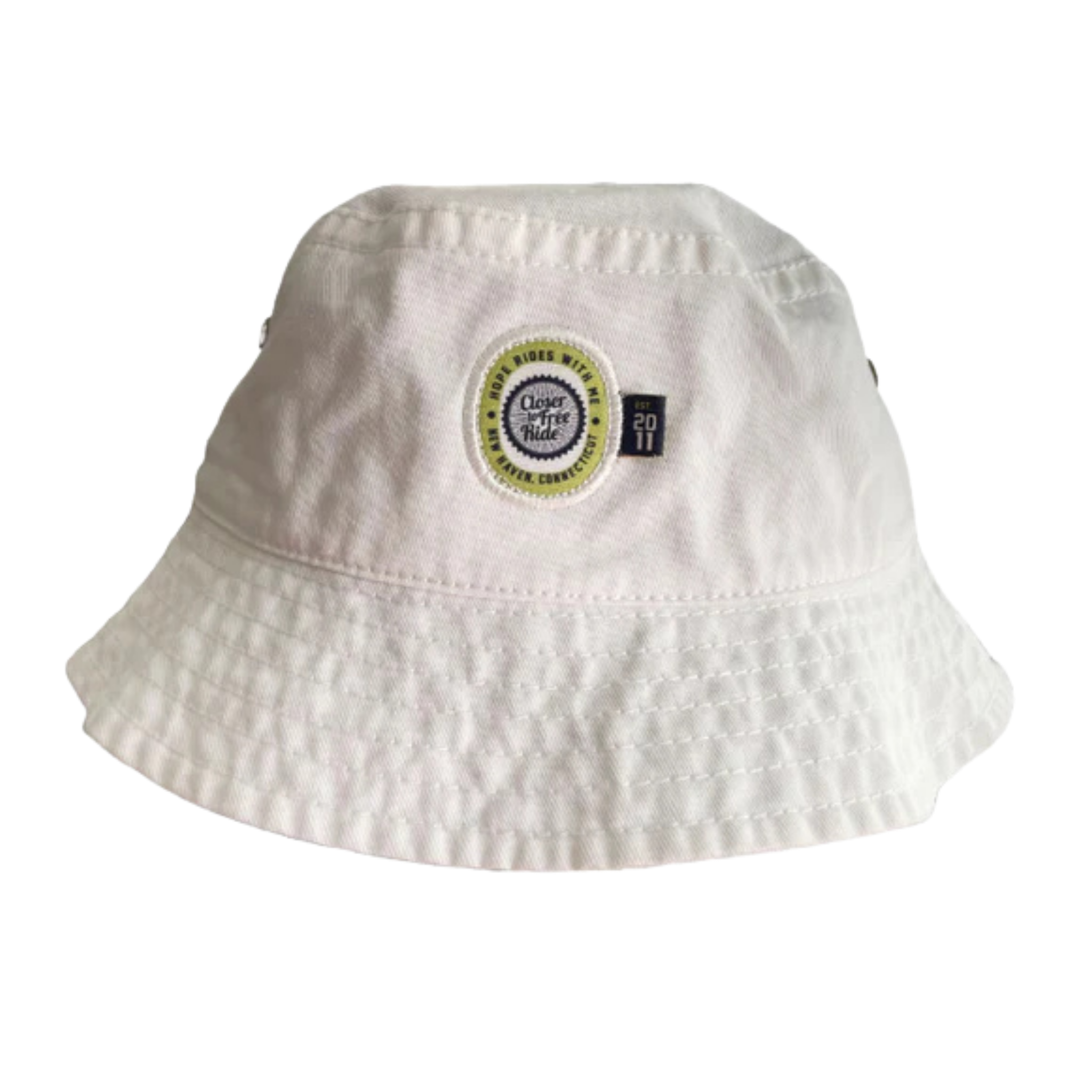 White bucket hat with a logo and text on a white background