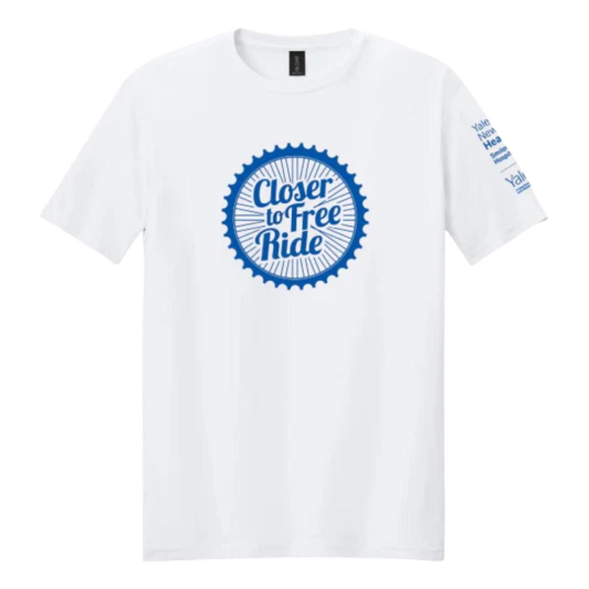 White T-shirt with a blue "closer to free ride" logo