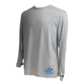 Gray long-sleeve shirt with blue text on a white background