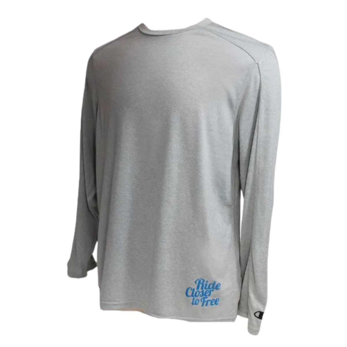 Gray long-sleeve shirt with blue text on a white background