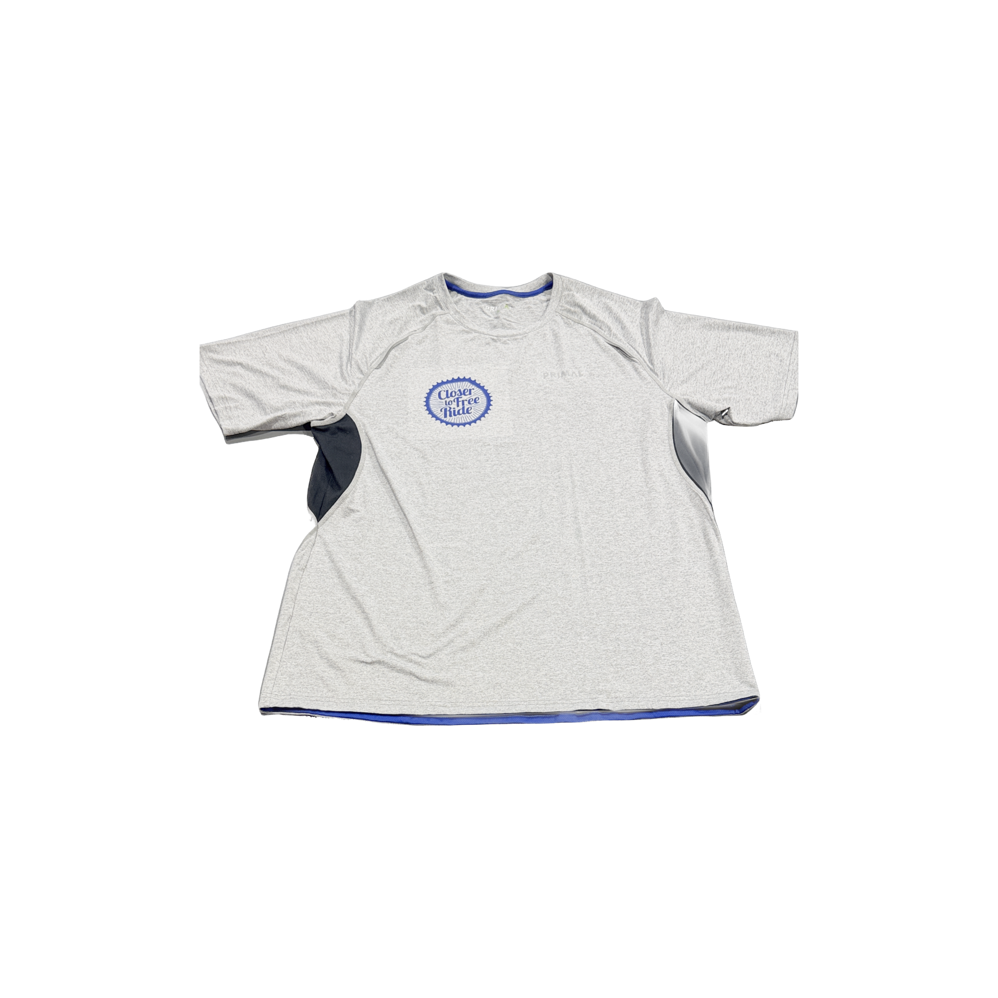 Gray t-shirt with blue 'Closer to Free Ride' logo on a gray background