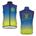Gradient blue and yellow cycling vest with branding on a white background