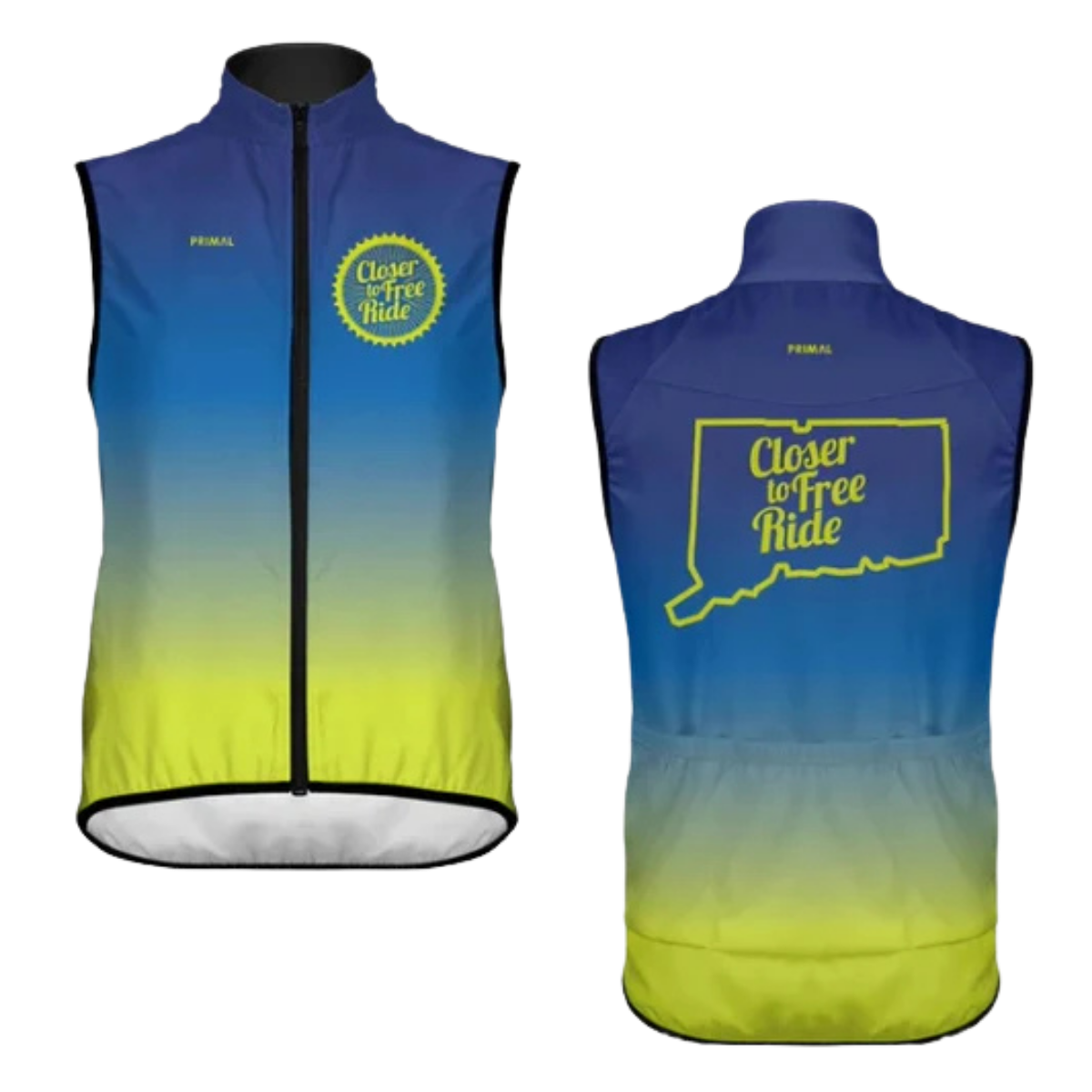 Gradient blue and yellow cycling vest with branding on a white background