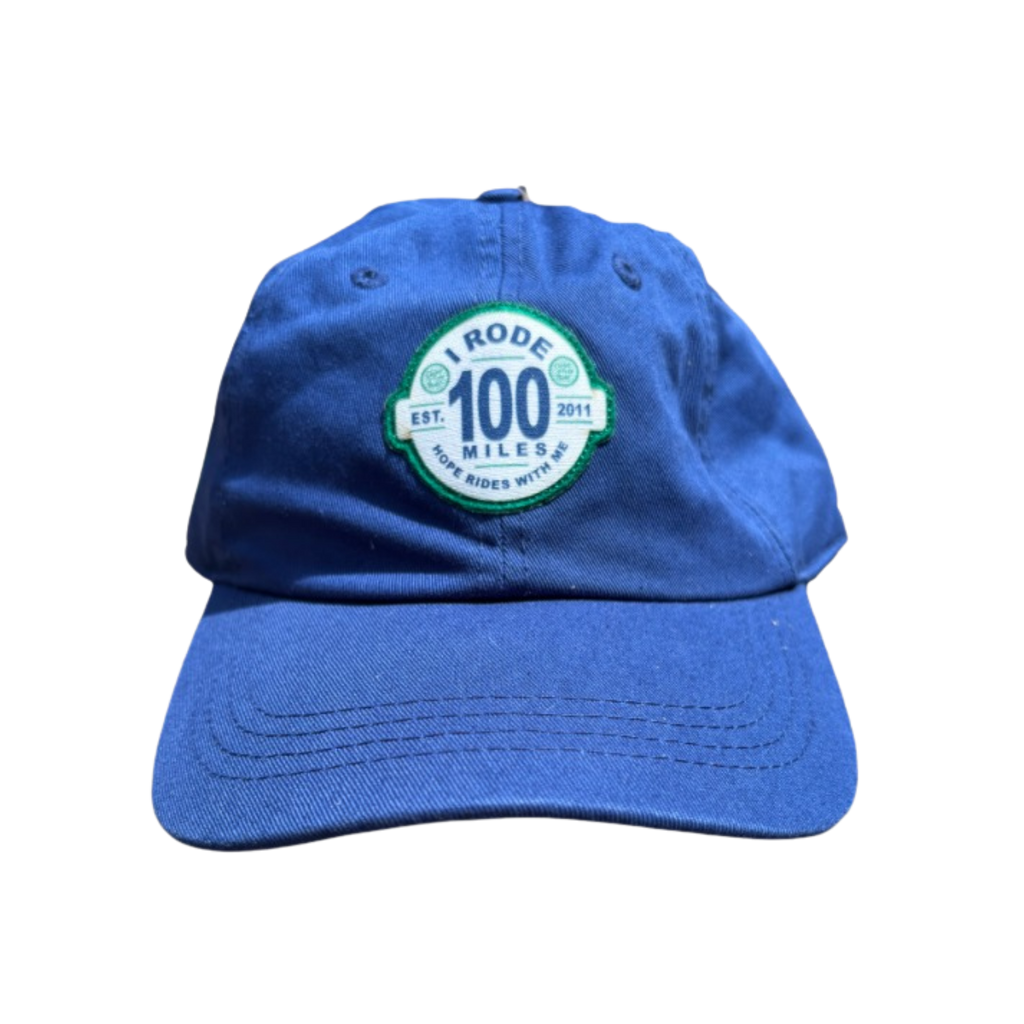 Blue cap with a green and white logo on a white background