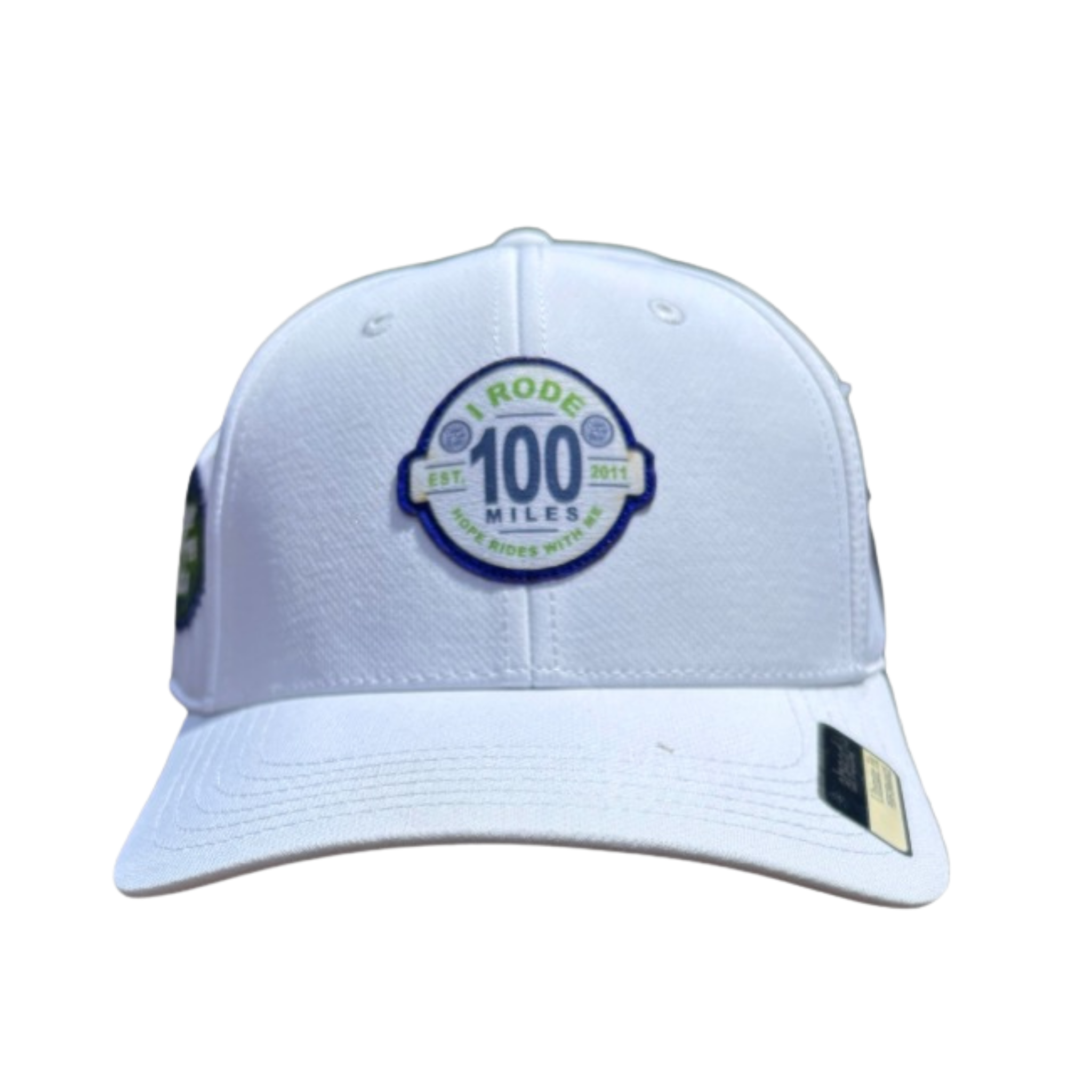 White cap with a logo and text on a white background