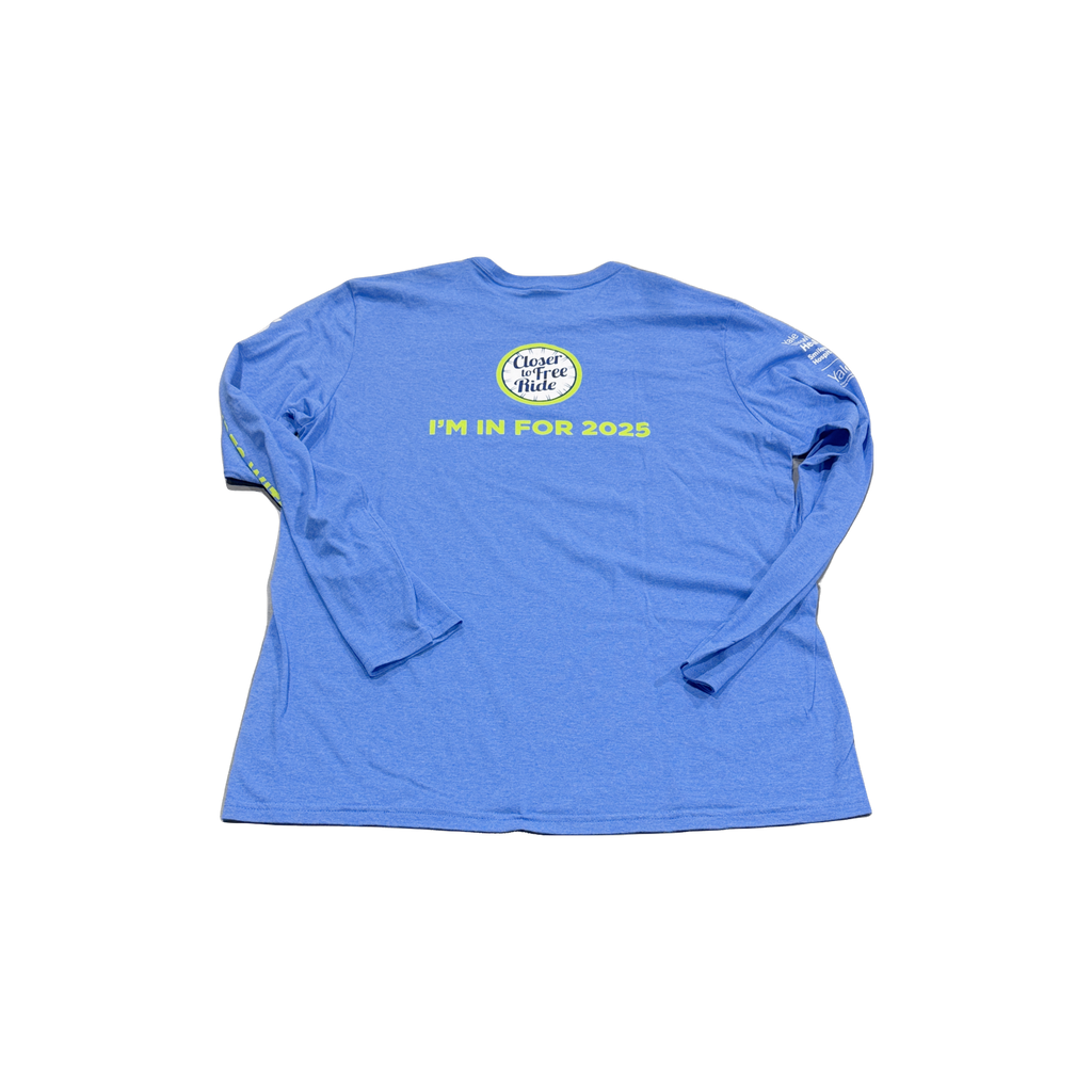 Blue long-sleeve shirt with yellow text and logo on a white background
