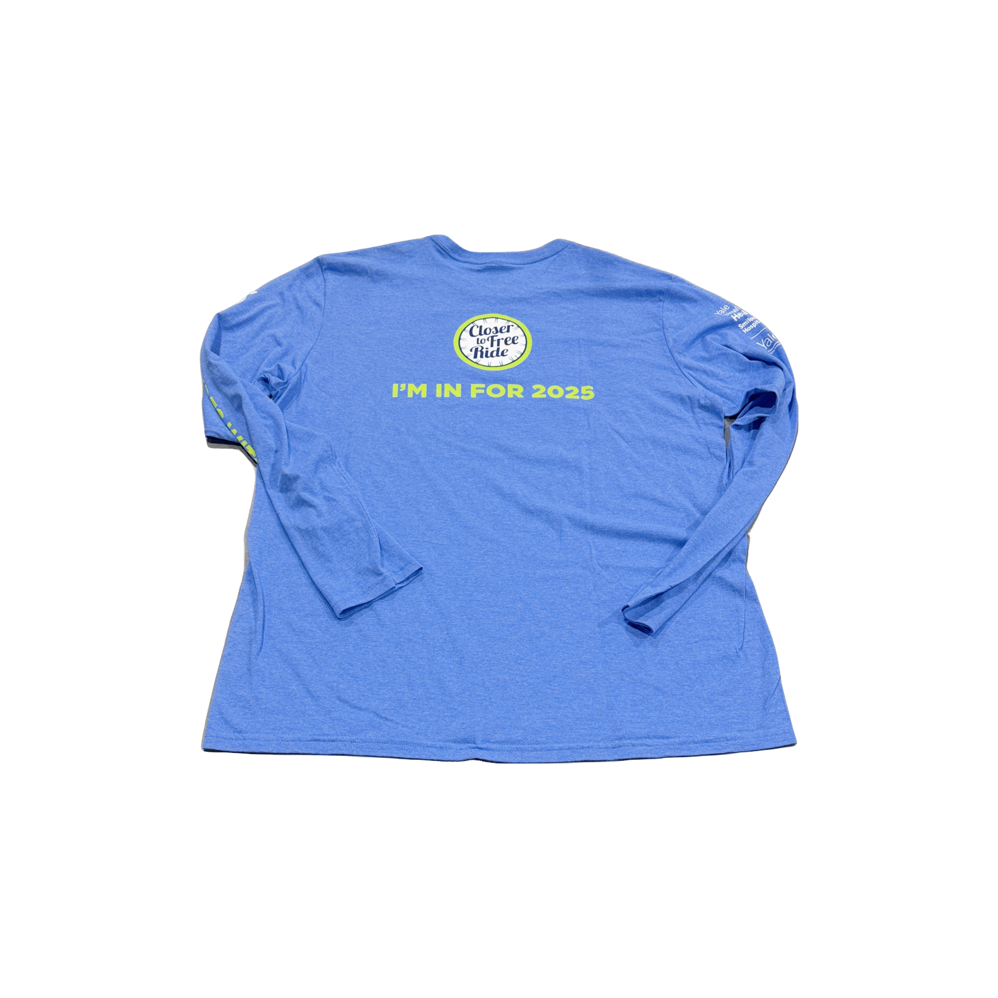 Blue long-sleeve shirt with yellow text and logo on a white background