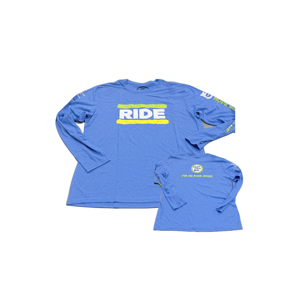 Blue long-sleeve shirt with 'RIDE' and other text on a white background