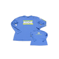 Blue long-sleeve shirt with 'RIDE' and other text on a white background