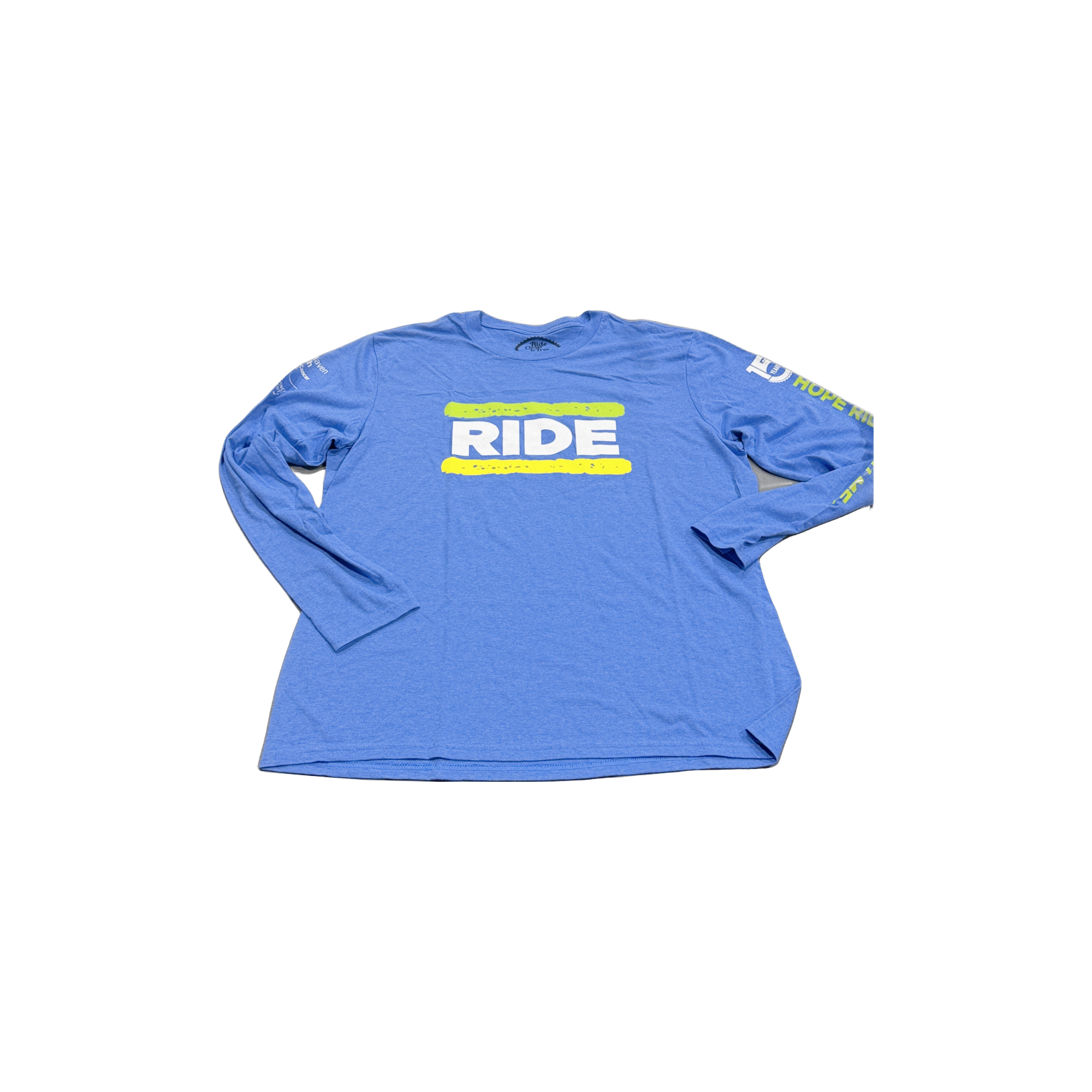 Blue long-sleeve shirt with 'RIDE' text on a white background