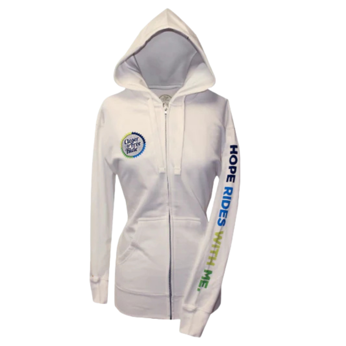 White hoodie with "Hope Rides With Me" on the left sleeve and a Closer to Free logo on the right chest area